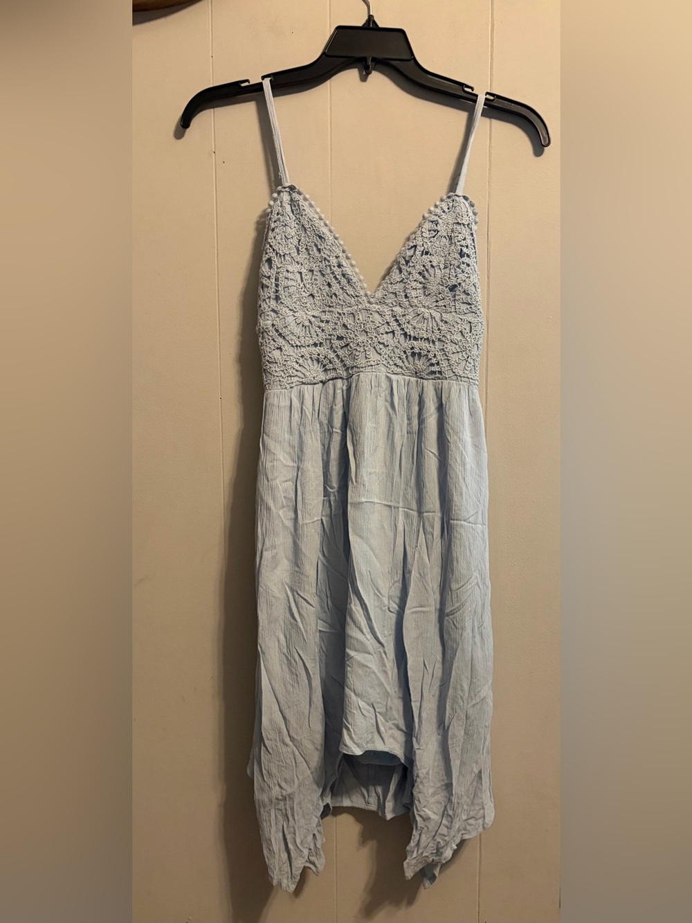Light Blue low back with tie bow on back handkerchief hem dress